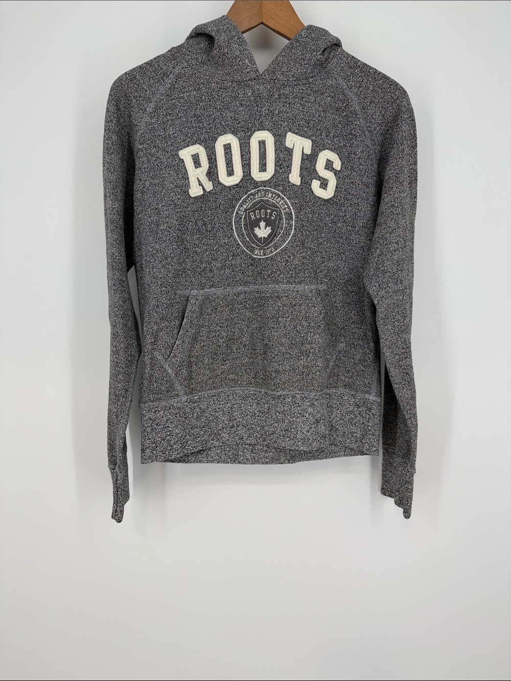 Roots Heather Gray Logo Hoodie with Cream Lettering